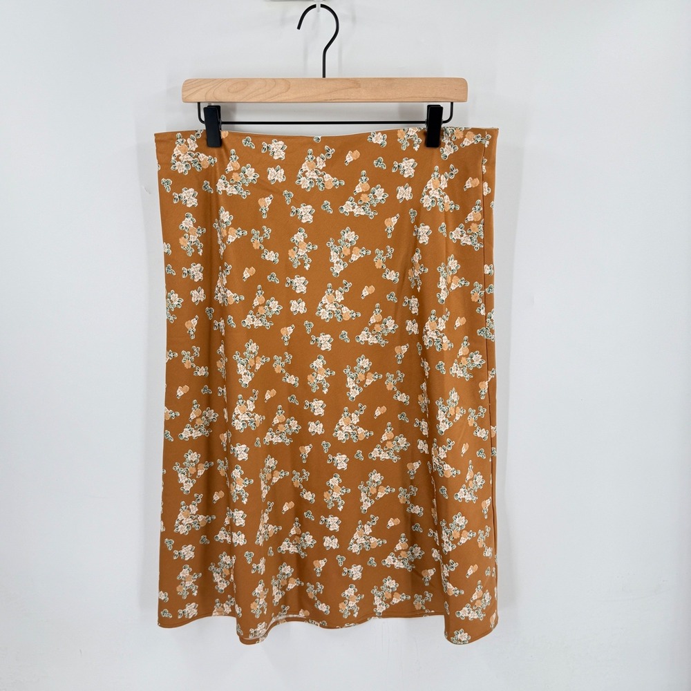 LOFT Outlet Floral Midi Skirt Brown Large Boho Cottagecore A-Line Casual Fall